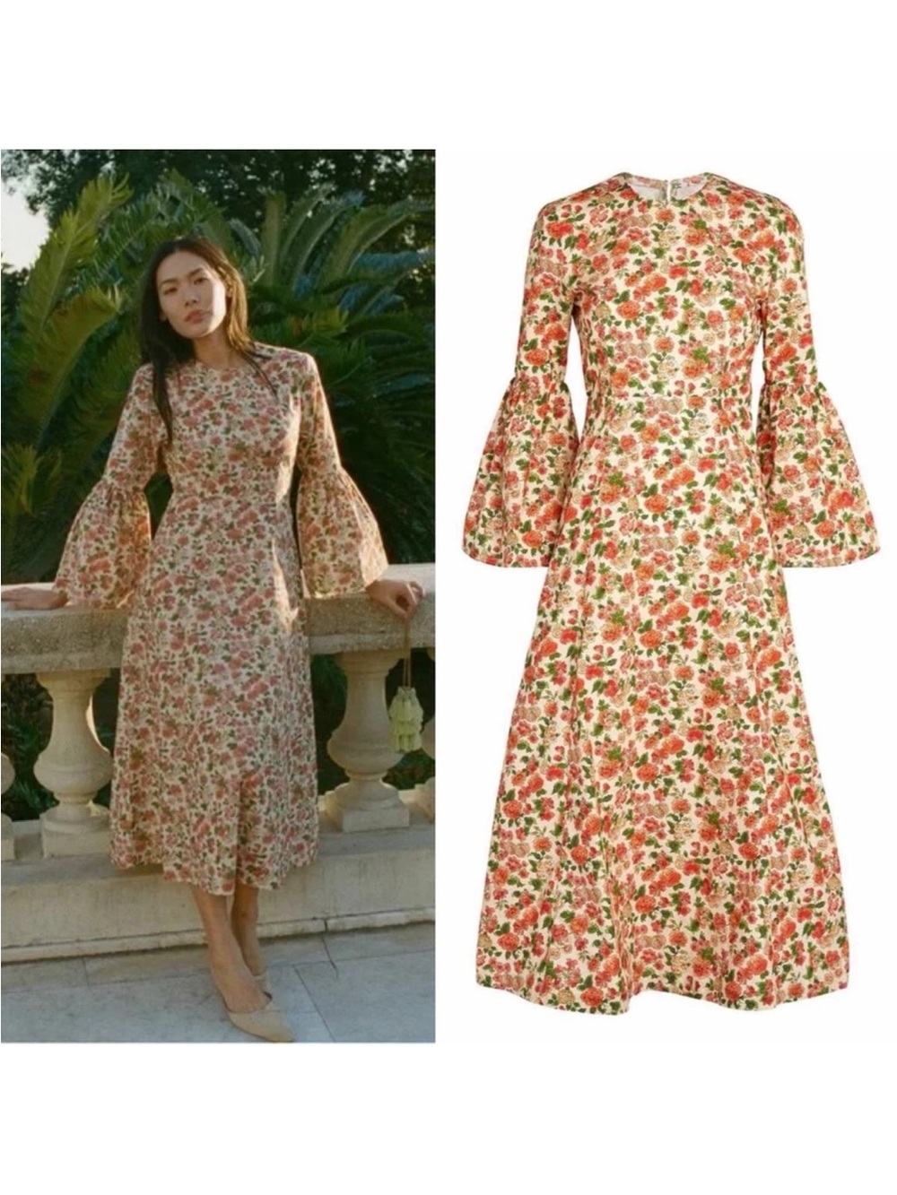 Doen Floral Bell-Sleeve Midi Dress in Cream and Pink